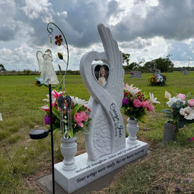 Luxury Special-Shape Granite Headstone — Angel Wing & Heart with Crystal Accents