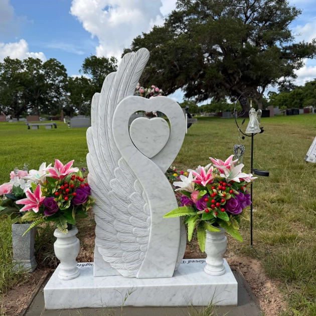 Luxury Special-Shape Granite Headstone — Angel Wing & Heart with Crystal Accents