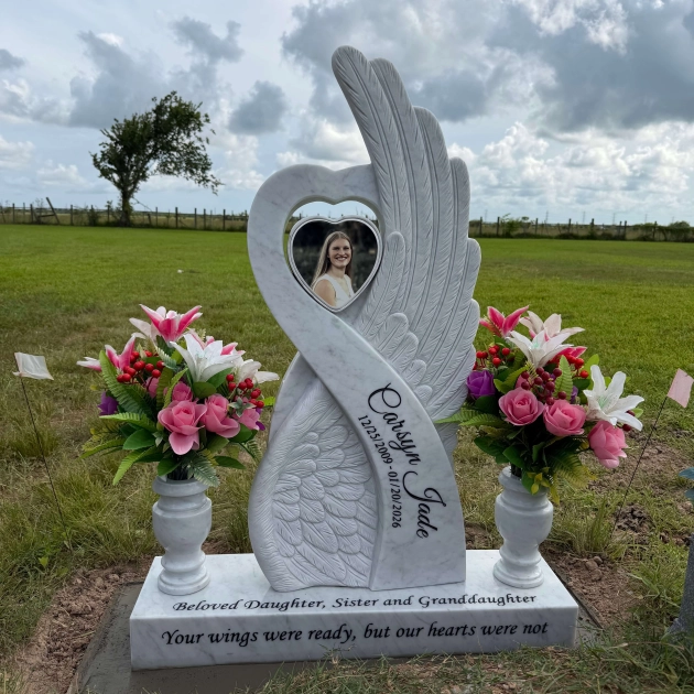 Luxury Special-Shape Granite Headstone — Angel Wing & Heart with Crystal Accents