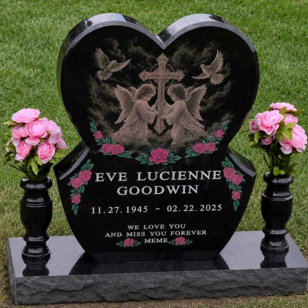 Luxury Heart-Shaped Granite Headstone — Angels, Cross & Hand-Painted Roses