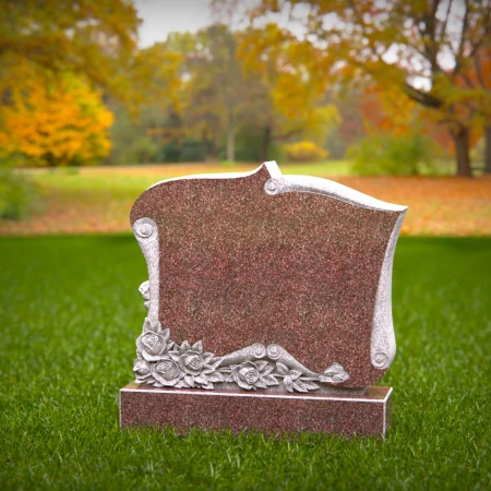 1514 - Granite Headstone with Hand-Carved Rose and Scroll Design