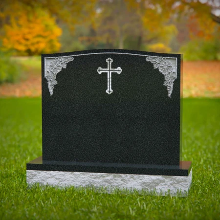 1590 - Traditional Black Granite Headstone with Engraved Cross & Floral Corners