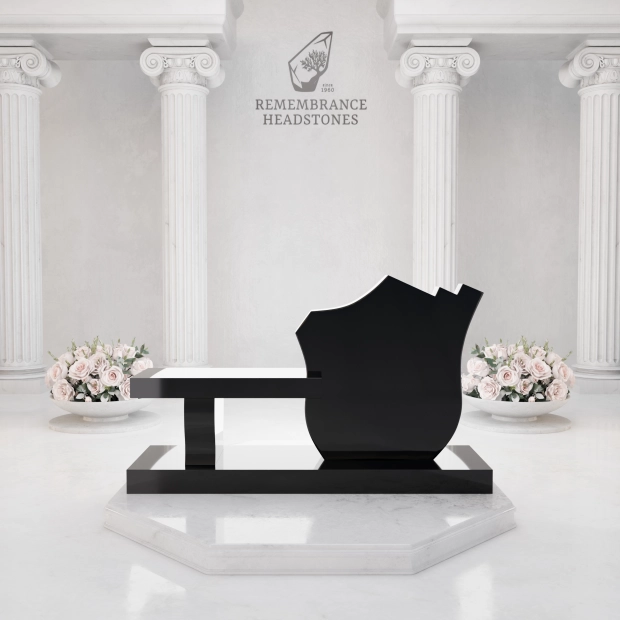 Luxury Granite Memorial Bench with Sculpted Shield Tablet & Floral Engraving                       