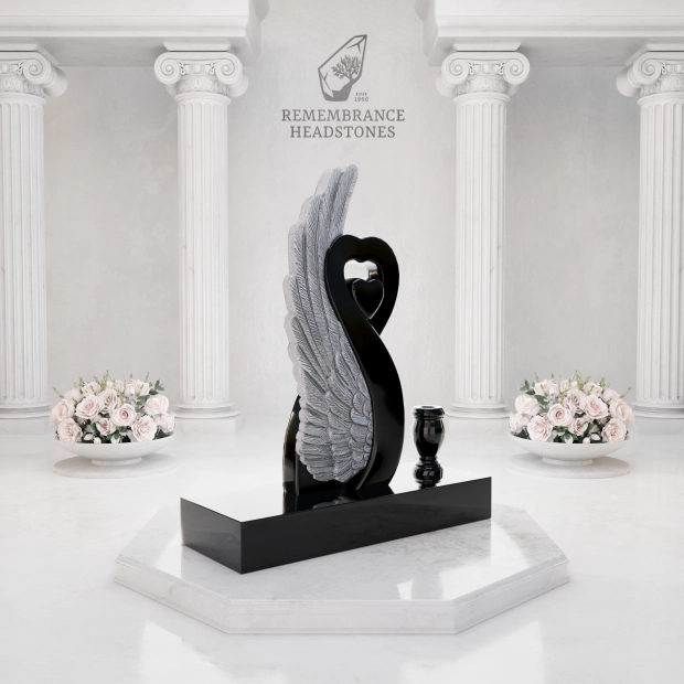 Luxury Special-Shape Granite Headstone — Angel Wing & Heart with Swarovski Accents