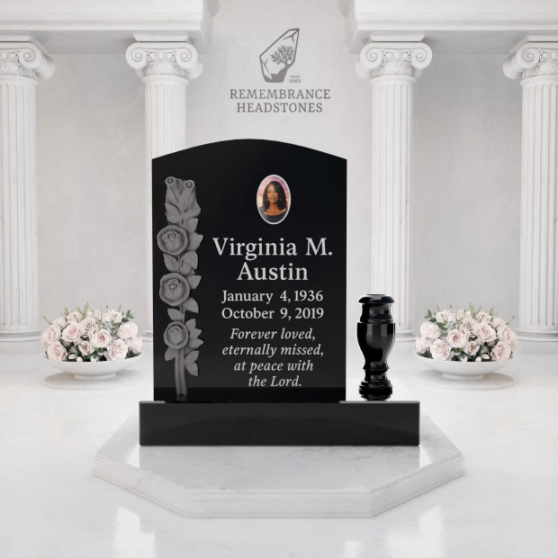  Luxury Upright Granite Headstone with Cross, Carved Roses & Vase