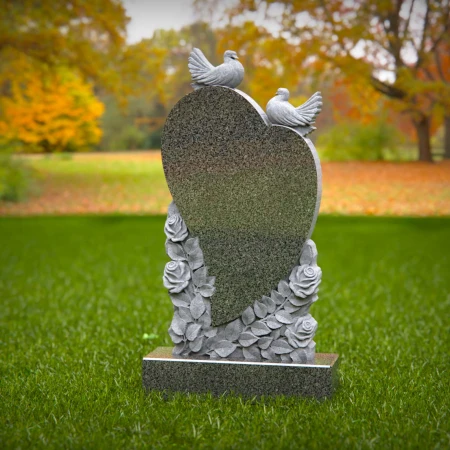 1523 - Heart-Shaped Granite Headstone with Doves and Rose Engraving