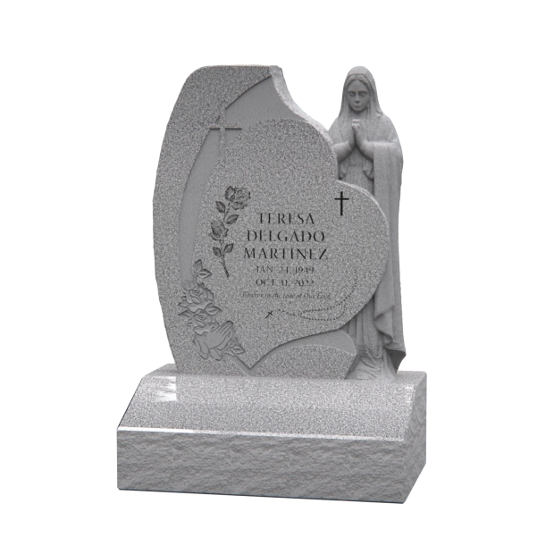 1201031 - Heart-Shaped Monument With Carved Praying Figure and Cross Accent