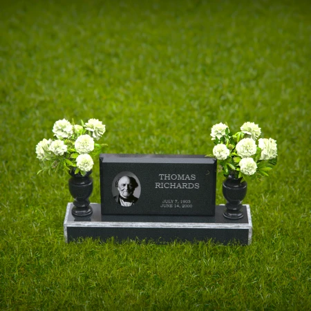 1270 - Personalized Granite Headstone with Photo and Dual Floral Vases – A Heartfelt Memorial