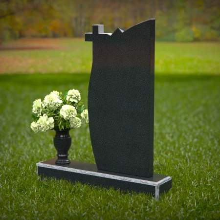 1265 - Unique Granite Headstone with Cross and Black Plaque Design – Elegant Memorial Tribute - 4