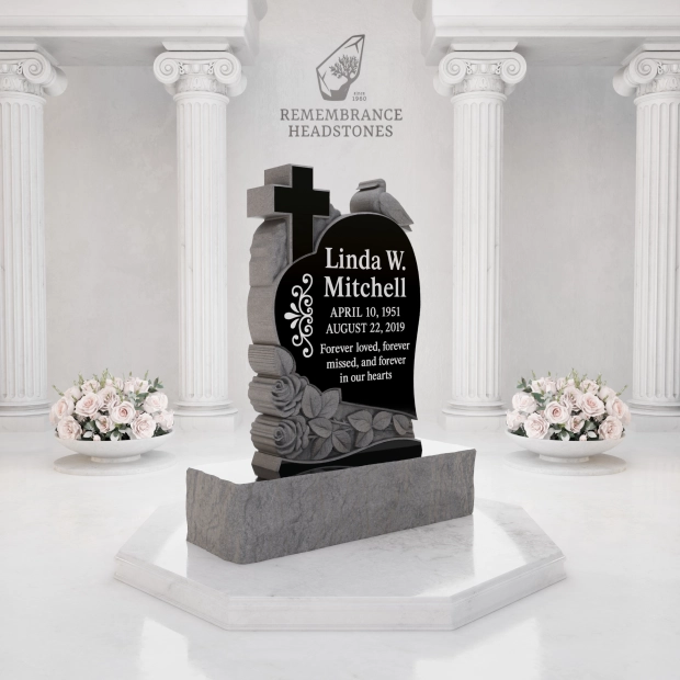  Premium Special-Shape Granite Headstone — Heart Silhouette with Cross, Dove & Roses