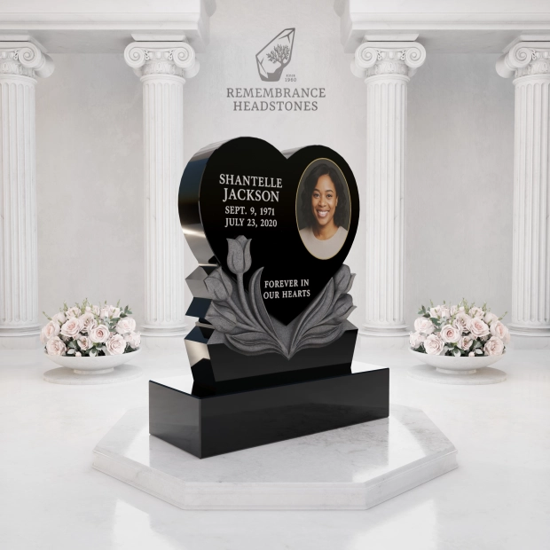 Premium Heart Shape Memorial with Sculpted Tulips & Portrait Medallion