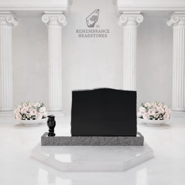 Premium Slant Granite Headstone with Rock-Pitched Edge, Rose Motif & Vase
