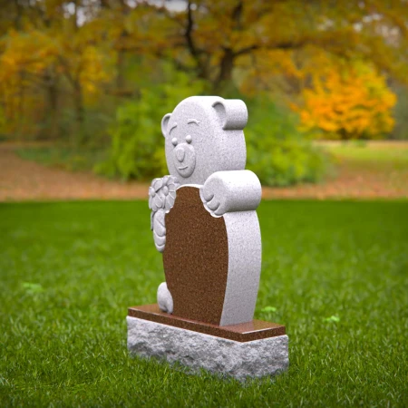 1449 - Adorable Teddy Bear Memorial Headstone Holding Flowers - 8