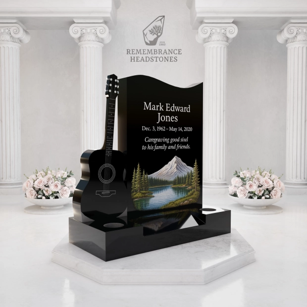  Luxury Upright Granite Headstone with Guitar Sculpture in Elite Artisan Granite