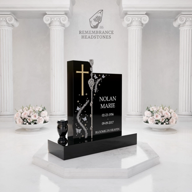 Luxury Upright Headstone with Cross, Rose Column & Heart Motif