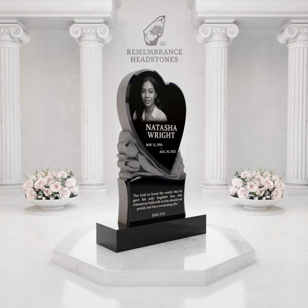 Premium Upright Granite Headstone — Sculpted Double-Heart on Draped Pedestal