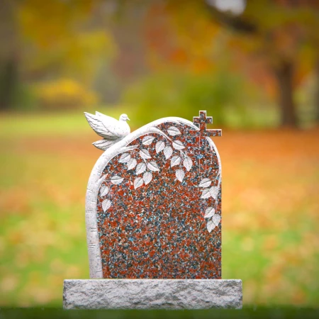 1548 - Red Granite Headstone with Dove, Cross, and Leaf Engraving