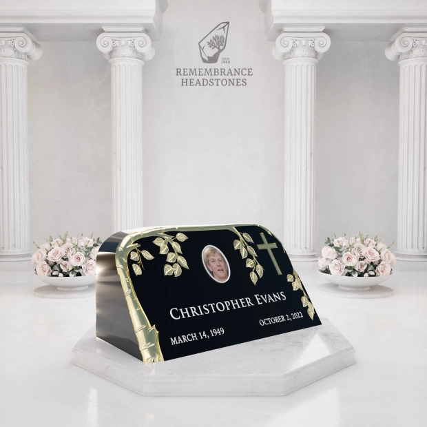 Luxury Slant Granite Headstone with Sculpted Vine & Cross