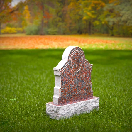 1557 - Classic Red Granite Headstone with Ornate Border and Portrait Frame - 5