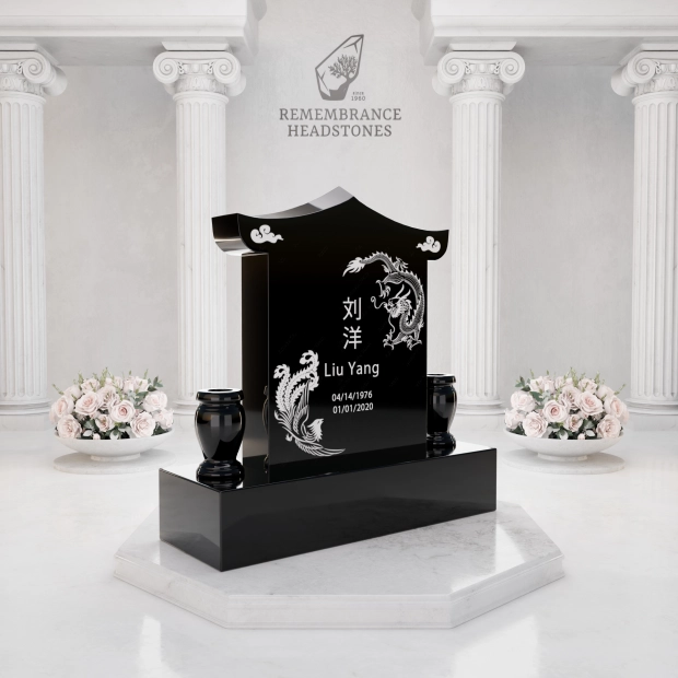 Lux Pagoda-Top Upright Granite Headstone with Phoenix & Lotus          