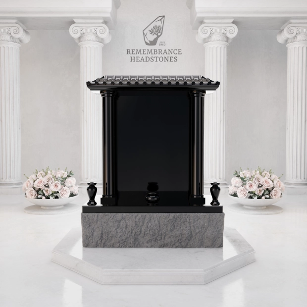 Lux Pagoda-Style Upright Granite Headstone with Columns, Crane & Blossoms
