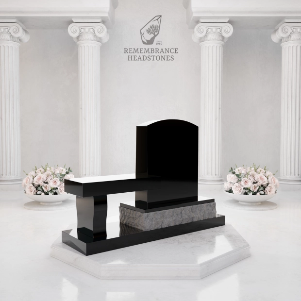 Lux Upright Headstone with Marian Emblem & Memorial Bench                                     