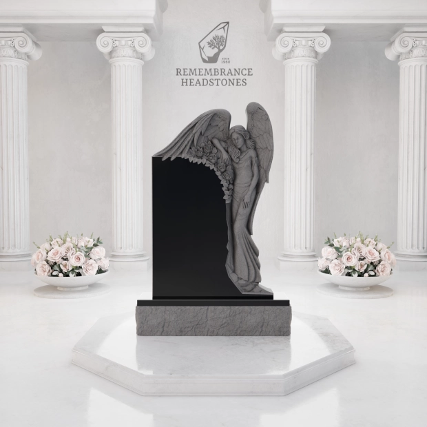 Luxury Upright Granite Monument — Guardian Angel Relief & Photo Cameo