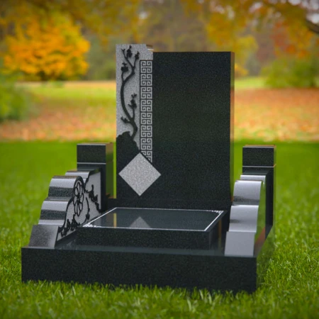 1563 - Modern Black Granite Headstone with Asian-Inspired Engraving