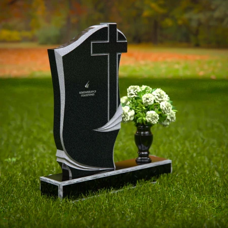 1302 - Traditional Granite Headstone with Cross Design and Flower Vase - 52