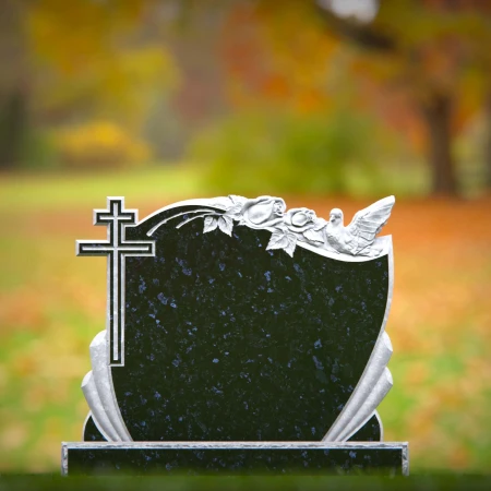 1558 - Black Granite Headstone with Cross, Roses, and Dove Engraving