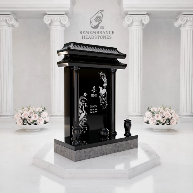 Luxury Asian Pavilion Granite Memorial with Crane Engravings