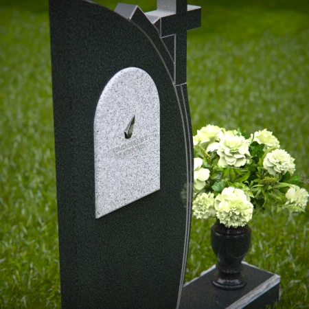 1265 - Unique Granite Headstone with Cross and Black Plaque Design – Elegant Memorial Tribute - 15