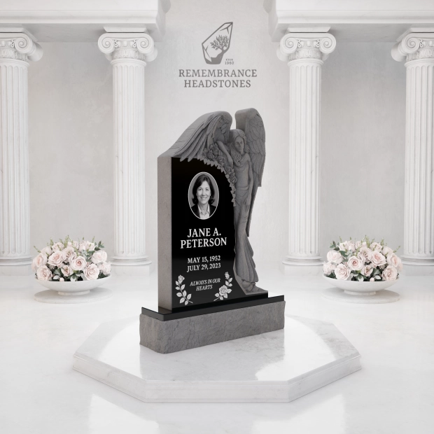 Luxury Upright Granite Monument — Guardian Angel Relief & Photo Cameo
