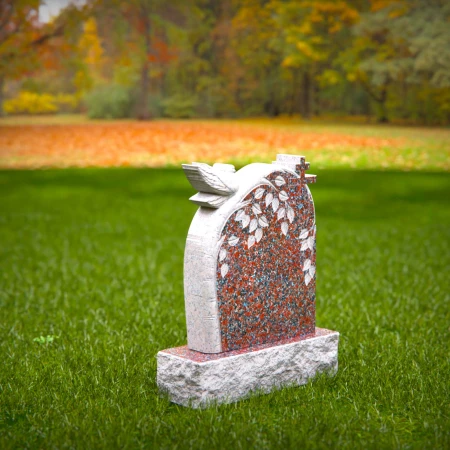 1548 - Red Granite Headstone with Dove, Cross, and Leaf Engraving - 2