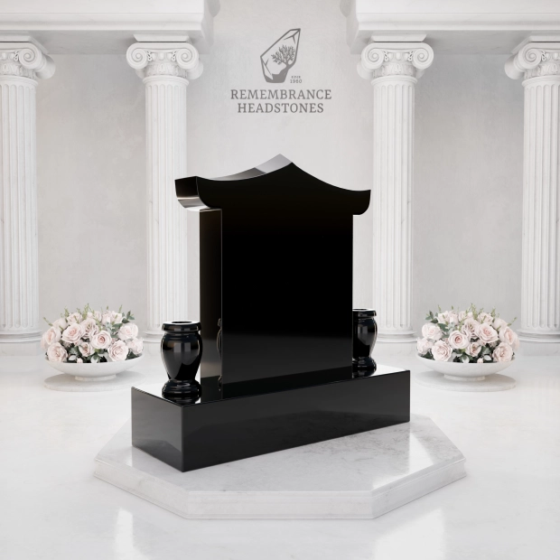 Lux Pagoda-Top Upright Granite Headstone with Phoenix & Lotus          