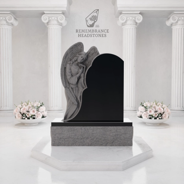 Premium Custom Granite Headstone — Angel Embrace with Asymmetric Arch