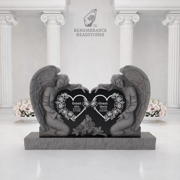Luxury Twin Guardian Angel Heart Companion Granite Headstone