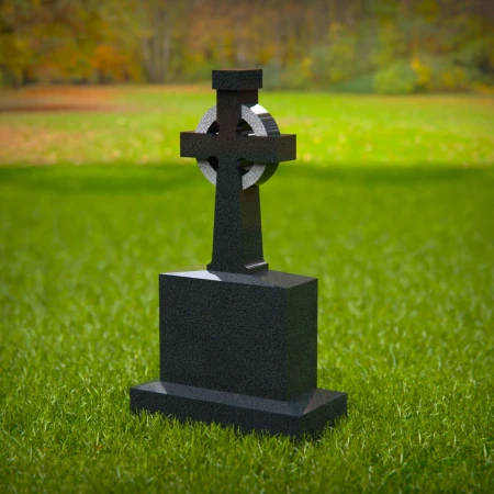 1573 - Celtic Cross Black Granite Headstone with Intricate Engravings - 2