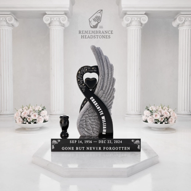 Luxury Special-Shape Granite Headstone — Angel Wing & Heart with Swarovski Accents
