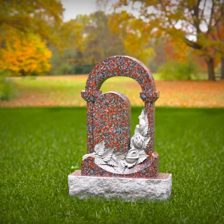 1536 - Arched Granite Memorial Headstone with Floral Carving