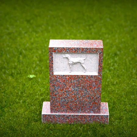 1457 - Custom Red Granite Dog Memorial Headstone with Engraved Dog Relief - 1