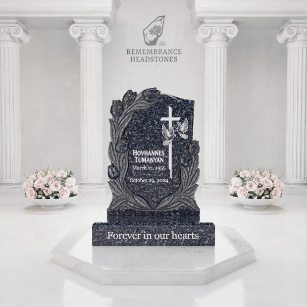 Luxury Floral Christian Granite Headstone with Cross & Doves