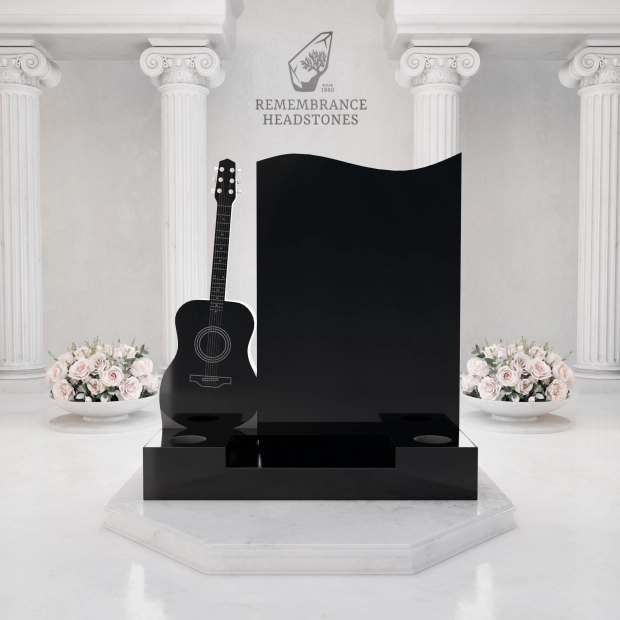  Luxury Upright Granite Headstone with Guitar Sculpture in Elite Artisan Granite