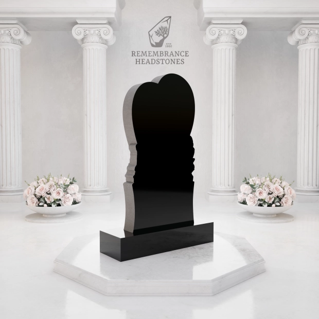 Premium Upright Granite Headstone — Sculpted Double-Heart on Draped Pedestal