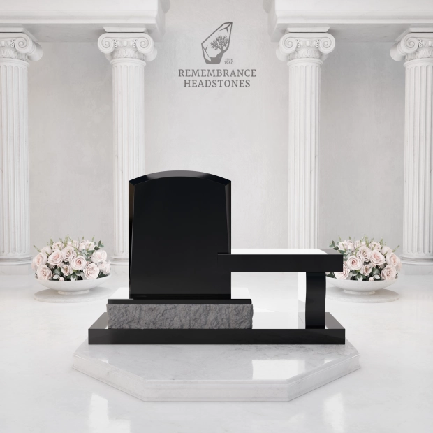 Lux Upright Headstone with Marian Emblem & Memorial Bench                                     