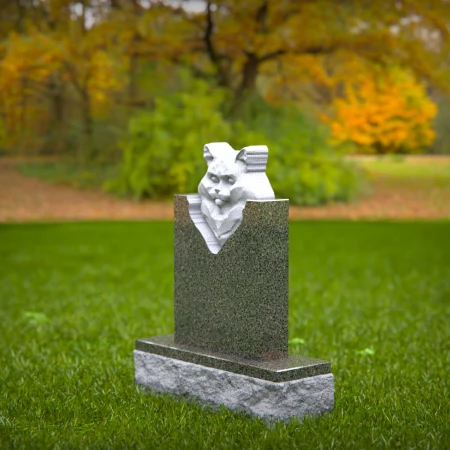 1466 - Custom Green Granite Cat Memorial Headstone with 3D Carved Cat Relief - 3