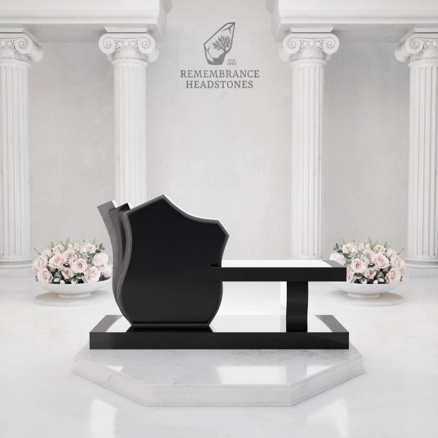 Luxury Granite Memorial Bench with Sculpted Shield Tablet & Floral Engraving                       