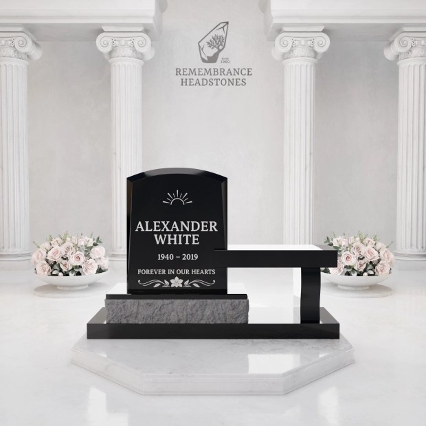Lux Upright Headstone with Marian Emblem & Memorial Bench                                     