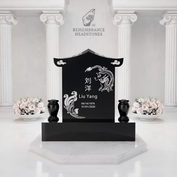 Lux Pagoda-Top Upright Granite Headstone with Phoenix & Lotus          