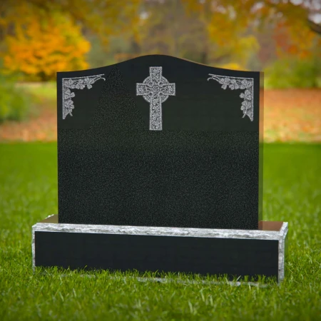 1585 - Elegant Black Granite Memorial Headstone with Engraved Celtic Cross